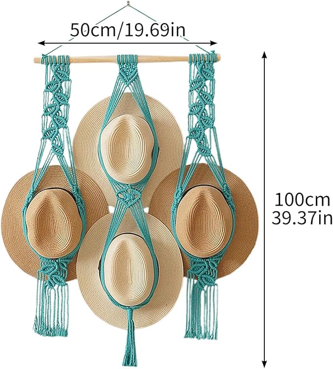 Tissting Macrame Hat Hangers Boho Hat Rack for Wall Hat Holder Display Organizer Bobo Hanging Hat Organizer Storage for Wide 