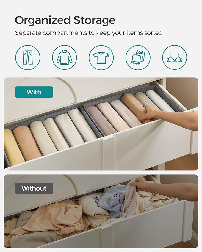 SONGMICS Set of 4 Large Size Wardrobe Clothes Organizers, 6-Compartment Foldable Drawer Organizers with Handles, 16.5 x 11.8 
