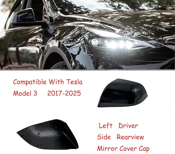 Compatible with Tesla Model 3 Side Mirror Cover Replacement 2017 2018 2019 2020 2021 2022 2023 2024 2025, Left Side Rearview Mirror Cover Cap for Model 3 Accessories(Black)