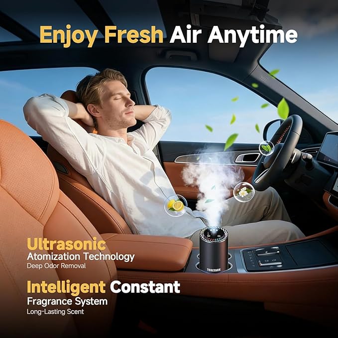 Smart Car Air Freshener with Star Light & 50ml Diffusers Oil Refills, Auto On/Off Aroma Diffuser, 3 Adjustable Mist Modes Rec
