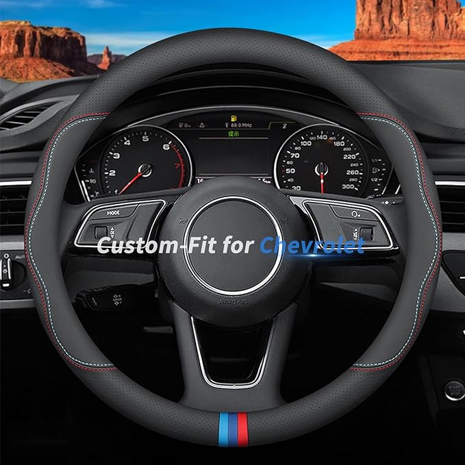 Custom-Fit for Chevrolet Steering Wheel Cover, Premium Leather Car Steering Wheel Cover with Logo, Non-Slip, Breathable,