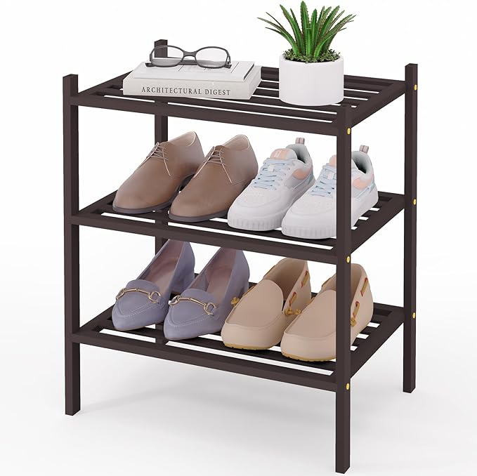 Smiry Small Bamboo Shoe Rack 3-Tier, Stackable Wooden Shoe Organizer for Entryway & Closet, Free Standing Wood Shoe Storage S