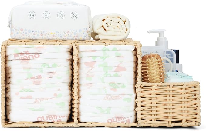 Diaper Caddy Organizer, Hand Rattan Nursery Storage Basket for Baby Essentials, Baby Changing Table Organizer Perfect Nursery
