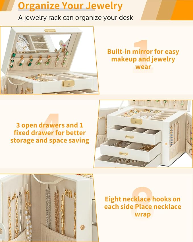 AKOZLIN Large 4-Tier Jewelry Box Leather Jewelry Storage Organizer with 3 Drawers Lockable for Women Girls Ring Necklace Earr