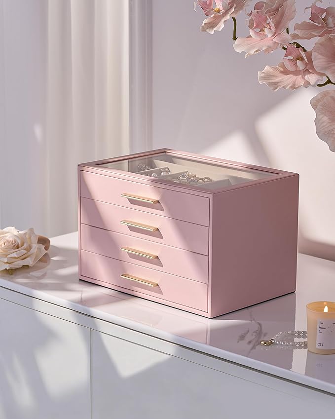 pickpiff Jewelry Box Organizer Case for Women: 4-Layer Jewelry Storage Case with Glass Window, Pink Leather with Velvet Holde