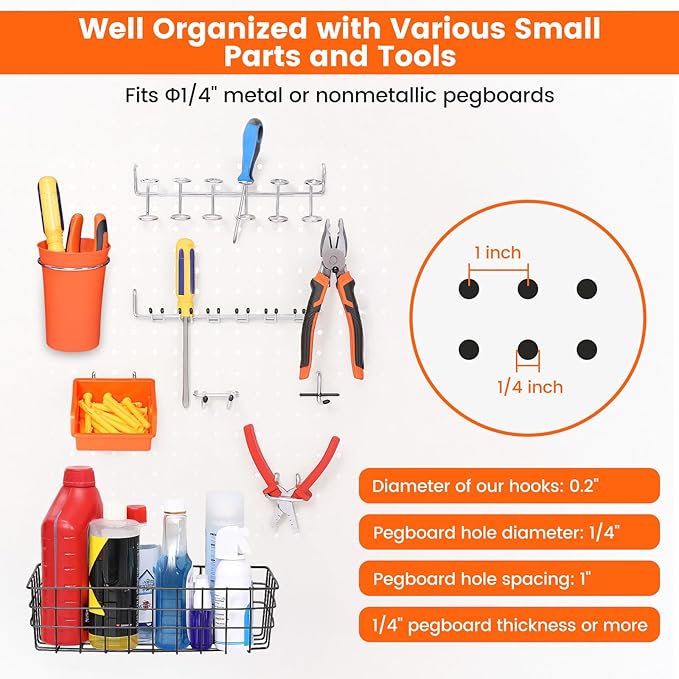 ENJOYWOOD Pegboard Organizer Accessories Kit 264 PCS, Peg Board Hooks Assortment with Bins, Cups, Baskets for 1/4in Pegboard 