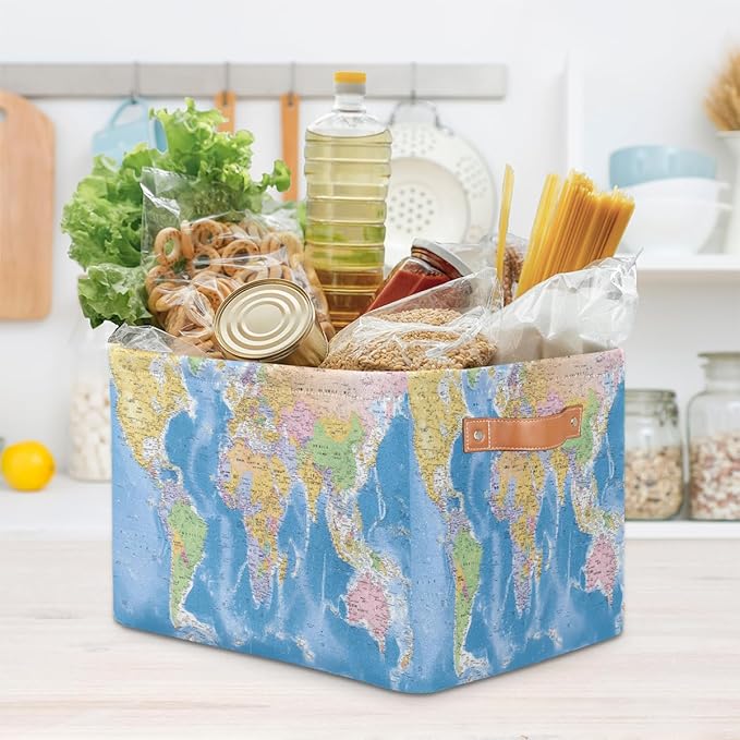 World Map Storage Basket, Collapsible Cloth Storage Cube Bin for Shelves with Handles Large Toys Basket Closet Organizer for 