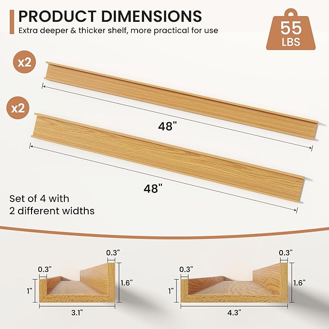Fun Memories Picture Ledge Shelves Set of 4, 48 Inch Rustic Wall Mounted Floating Shelves with Lip for Home Storage and Décor