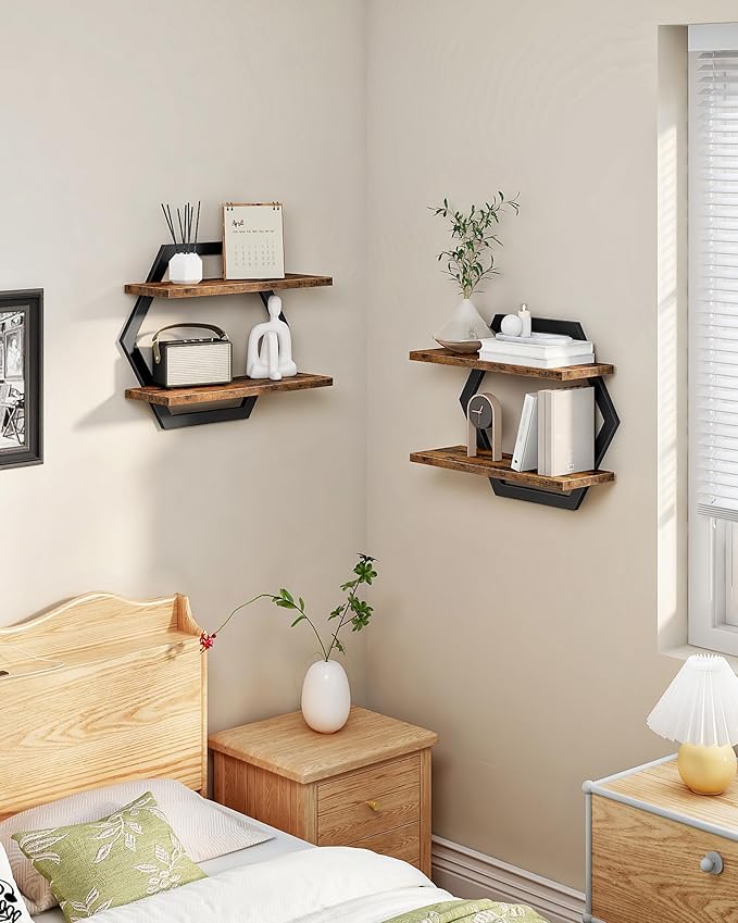 Hexagon Floating Shelves and Floating Shelves Set of 3 Bundle, Wall Mounted Storage Shelves, for Living Room, Bedroom, Kitche