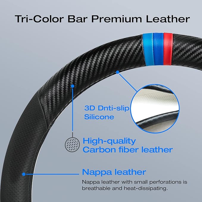 Carbon Fiber Steering Wheel Cover, Non-Slip and Sweat Absorbent, 15" Steering Wheel Covers for X5 X3 Men Women, Black