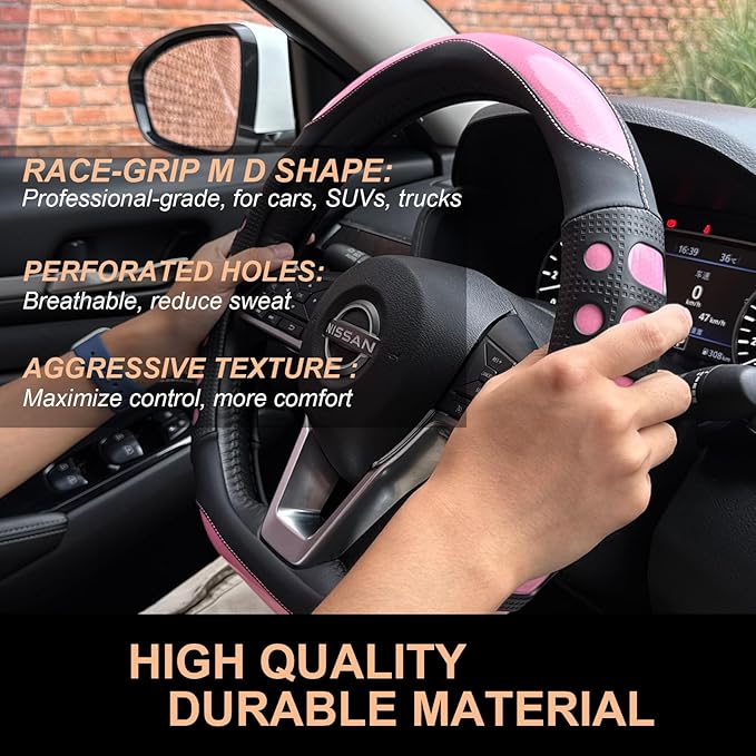 PINCTROT D Shaped Race Grip Steering Wheel Cover, Anti Slip Silicone Perforated Design with Soft Touch Padding, Enhanced Grip for Sporty Driving Flat Bottom 14.5-15 Inch (Racing Pink)