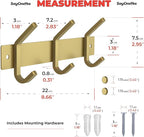 Brushed Gold Small Coat Rack Wall Mount – 9 Inch Stainless Steel Rail with 3 Double Coat Hooks for Entryway, Bathroom, Bedroo