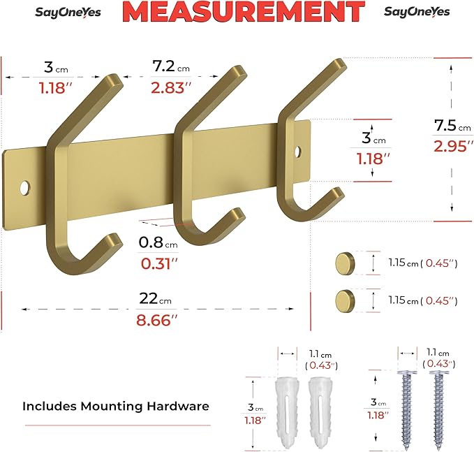 Brushed Gold Small Coat Rack Wall Mount – 9 Inch Stainless Steel Rail with 3 Double Coat Hooks for Entryway, Bathroom, Bedroo
