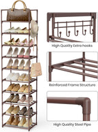 Tall 10 Tier Shoe Rack - 20-24 Pair Storage, Sturdy Metal Shoe Organizer with Hooks for Closet, Entryway, Brown