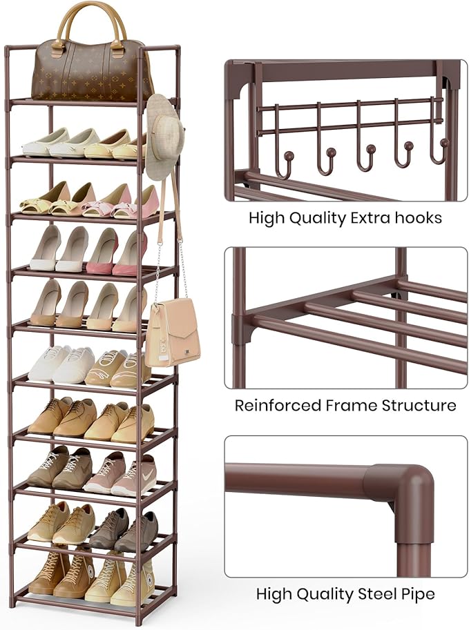 Tall 10 Tier Shoe Rack - 20-24 Pair Storage, Sturdy Metal Shoe Organizer with Hooks for Closet, Entryway, Brown
