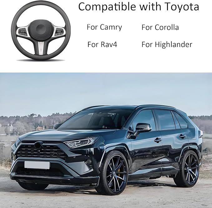 Leather Steering Wheel Cover for Toyota RAV4 Corolla Camry Highlander, 14.5-15 inches Car Steering Wheel Cover, Black