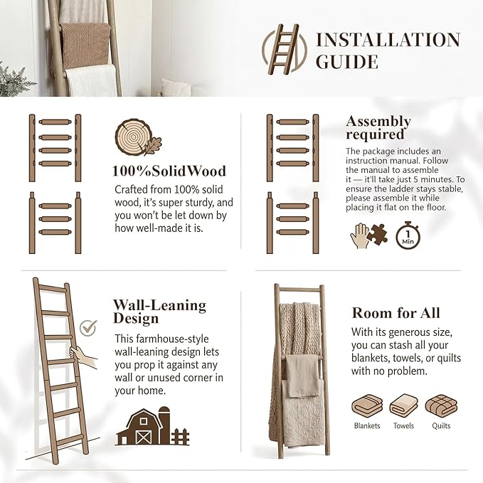 Wooden Blanket Ladder - 76in(7-Rung) Natural Wood Color- Leaning Wall Decor for Bedroom, Bathroom, Living Room - Rustic Quilt