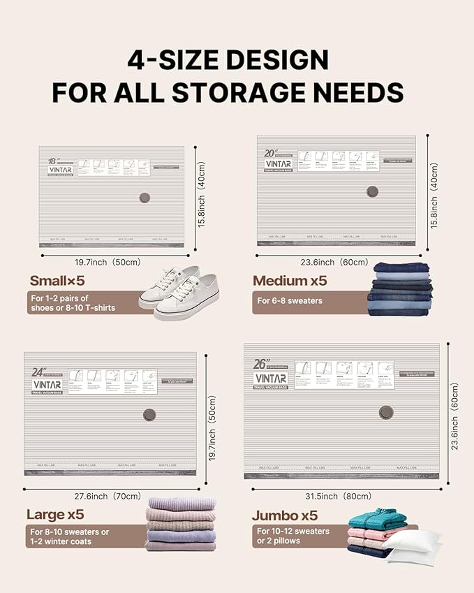 Travel Vacuum Seal Bags for Clothing with Rechargeable Cordless Pump, VINTAR 20 Pack (5J+5L+5M+5S) Carry-on Size Space Saver 