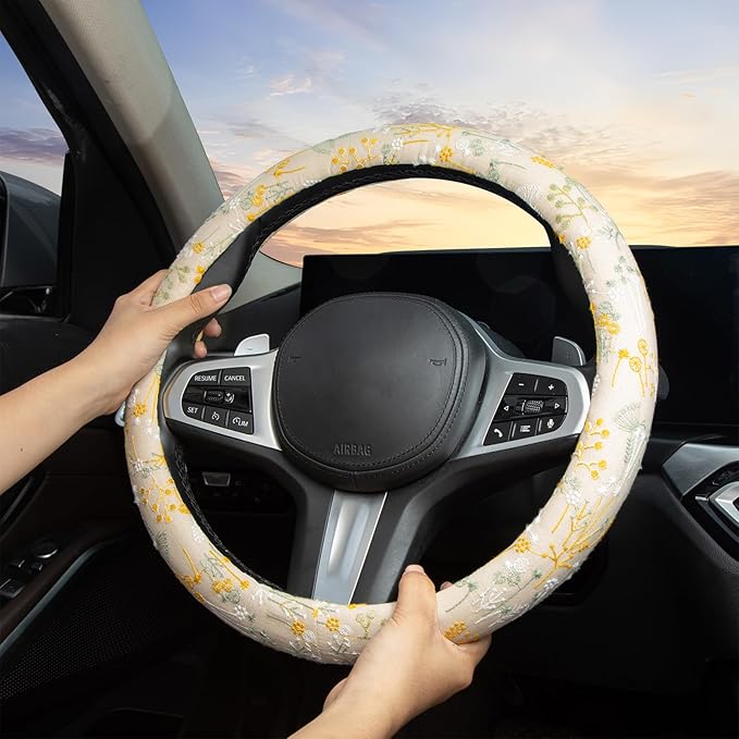 Beige Spherical Flowers Steering Wheel Cover Auto Embroidery Steering Wheel Protector, Anti-Slip, Breathable, Absorbing Sweat