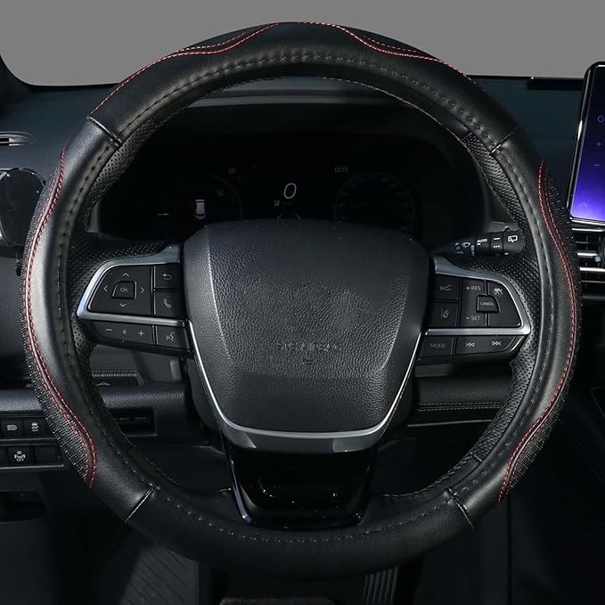 KAFEEK 15 Inch Genuine Top-Grain Leather Steering Wheel Cover, Anti-Slip Diamond Grid Texture, Breathable Cowhide Car Steerin