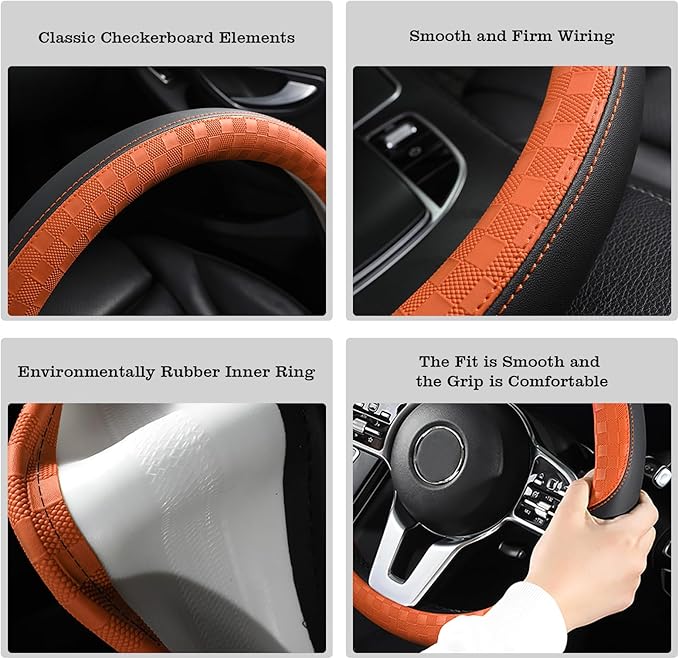 Car Leather Steering Wheel Cover - Panapi Material, Universal 14.5-15 Inch Leather Anti-Slip Breathable Auto Steering Wheel C