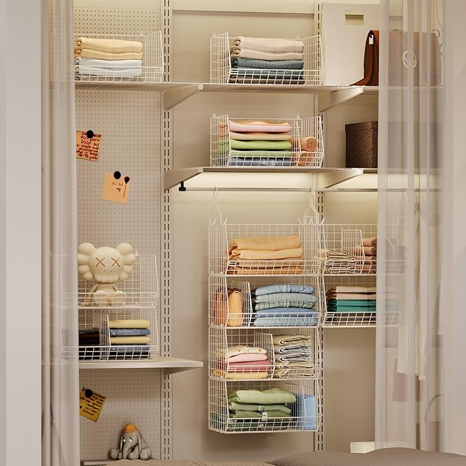 Jautokerdar 4 Tier Extra Large Hanging Closet Organizer,Closet Organizer Hanging with 5 S Hooks 4 Dividers,Clothes Organizer 