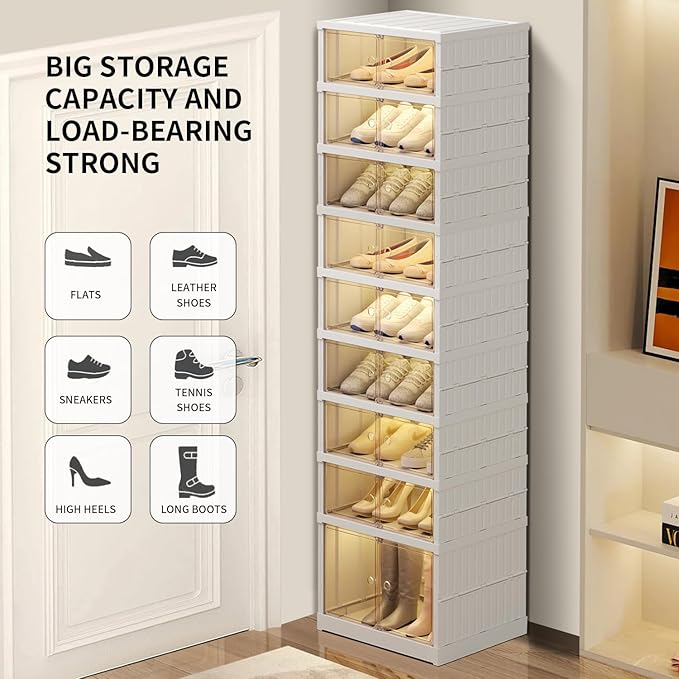 CIMLORD 9-Tier Foldable Shoe Rack Organizer for Closet 18Pairs Plastic Shoe Shelf Collapsible Shoes Storage Box Clear Shoe Bo