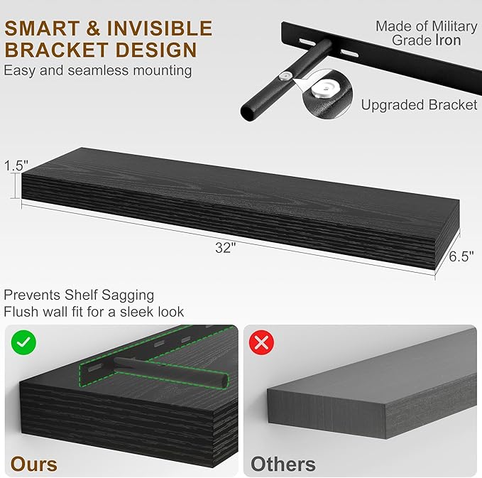 Fun Memories Floating Shelves for Wall, 32Inch Floating Shelves Set of 2, Hanging Shelf with Invisible Brackets, Wood Shelves