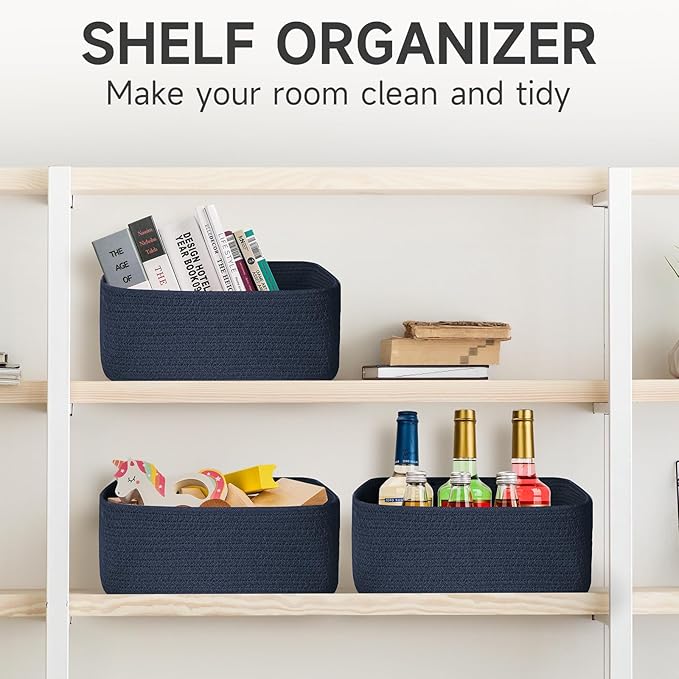 3-Pcs Shelf Baskets for Organizing, Closet Organizer Bins, Small Woven Baskets, Rope Toy Basket, Storage Basket for Shelves, 