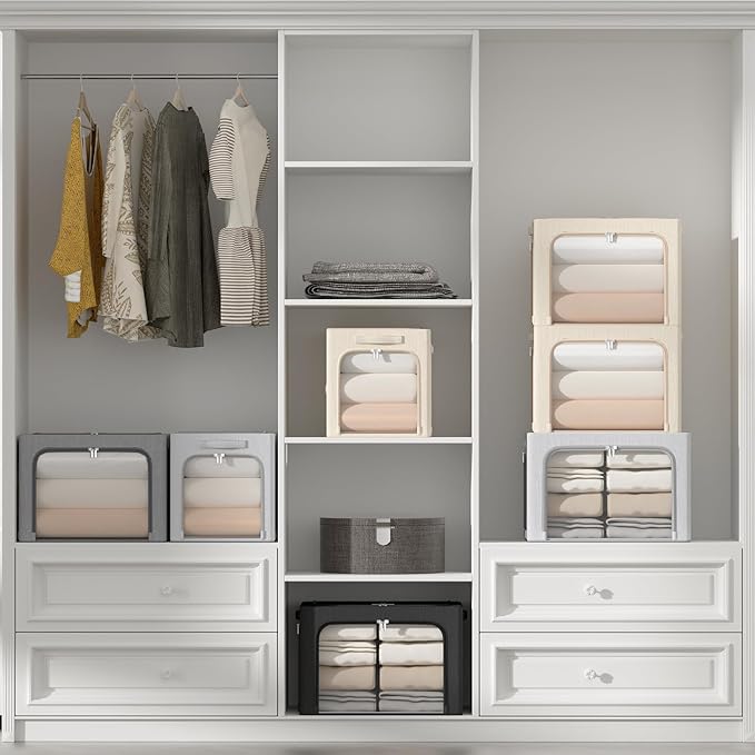 3 Openings Clothes Storage Bins Box - 3Pack Stackable Foldable Storage Bin - Metal Frame Storage Box Clothing Storage Organiz