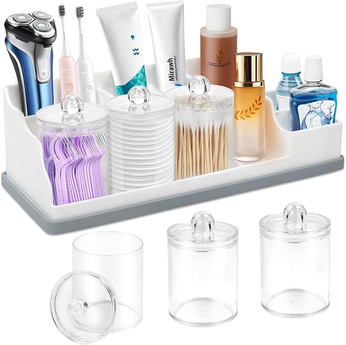 Bathroom Counter Organizer, Large White Silicone Toothbrush Holders for Bathrooms Organizer Countertop with 3PCS Qtip Holder,