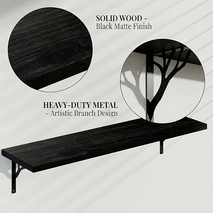 48Inch Solid Pine Wood Floating Shelves Set of 2, Black Wood Wall-Mounted Storage Shelves with Heavy-Duty Metal Brackets | De