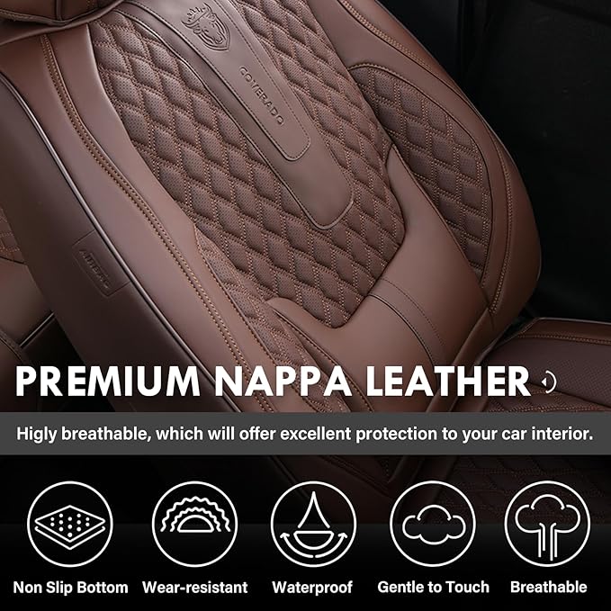 Coverado Front Seat Covers, Car Seat Covers Front Seats, Nappa Leather Seat Covers for Cars, Waterproof Seat Covers with Lumb