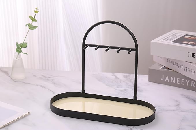 Shinpuru Metal Jewelry Organizer Stand & Key Holder Tray with Acrylic Base, Key Stand and Jewelry Tray with 5 Hooks, Perfect 