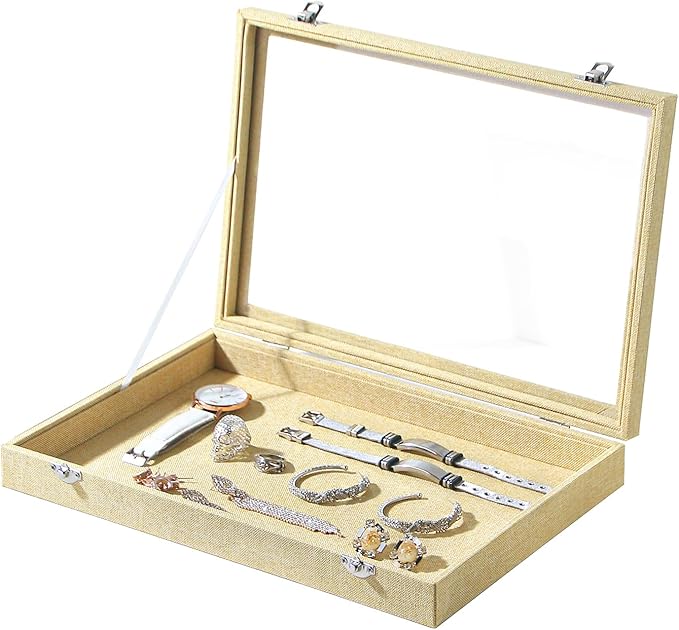 Coward Jewelry Organizer Box, Yellow Linen Blank Display Tray Case with Lid for Storage Necklaces Bracelets Rings Beads and J