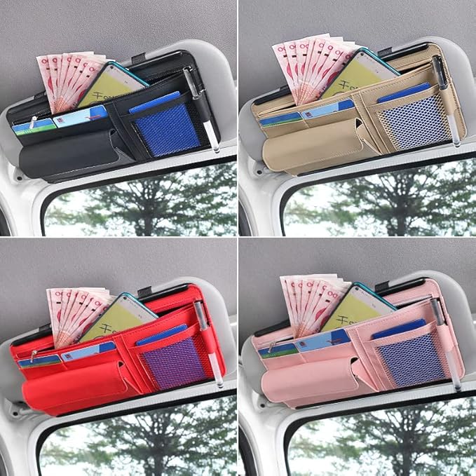 JEYODA Car Sun Visor Organizer Auto Car Visor Pocket and Interior Accessories Car Storage Organizer with Multi-Pocket Net Zippers (Style 2-Pink) 1942