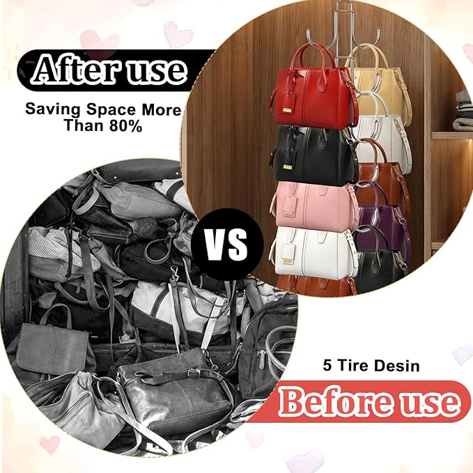 4 Pack Purse Organizer for Closet, Purse Hanger with 10 Big Hooks, 360 Degree Rotation Bag Holder for Organizer Display, Fold