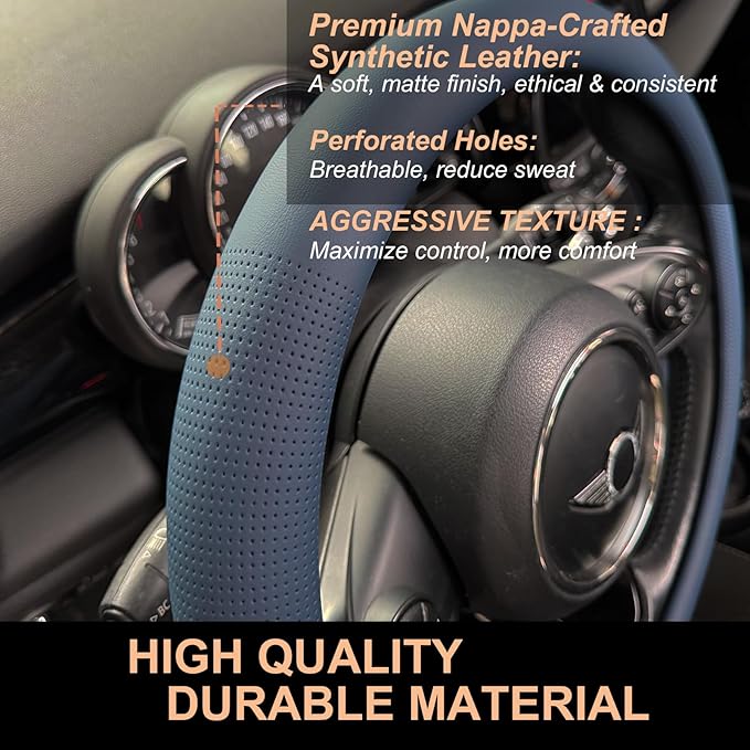 PINCTROT Nappa Leather Steering Wheel Cover, Slim Fit No Bulk Design, One Piece Leather with Breathable Perforation, Fit Like