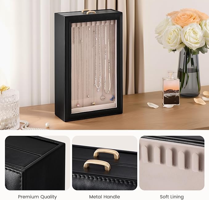 Lolalet Necklace Organizer Box, Jewelry Storage Box with Clear Window for Necklaces Bracelets, Tangle-Free Necklace Display C