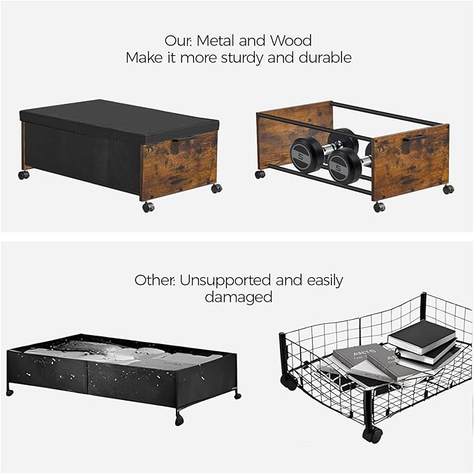 Under Bed Storage with Wheels,Under Bed Drawers Heavy Duty, 2 Packs, Wooden Under Bed Storage Containers Organizer, Metal Fra