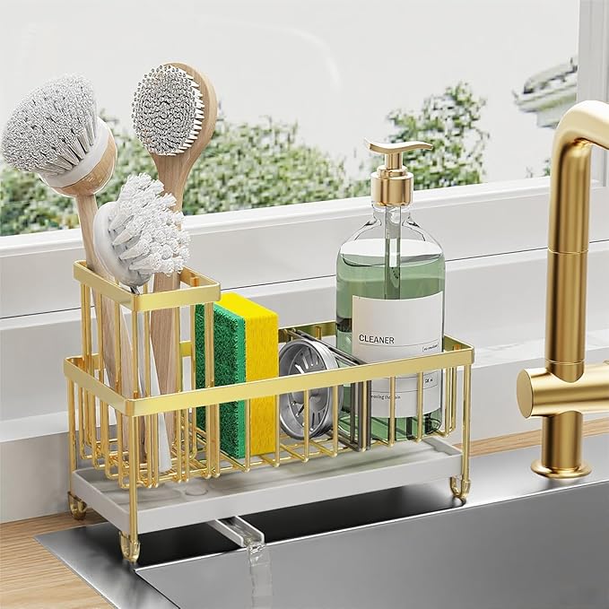 Cisily Sponge Holder for Kitchen Sink, Sink Caddy Organizer with High Brush Holder, Kitchen Countertop Organizers and Storage