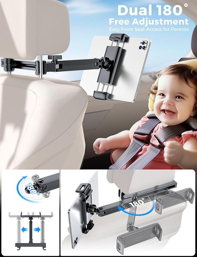 eSamcore Headrest Tablet Holder for car, Back Seat [3 in 1 Extension Arm] Fit iPad Car Mount Road Trip Essentials for Kid Backseat Car Accessories for 4.7"-11" iPad Pro, Air, Mini, Fire HD Tablet