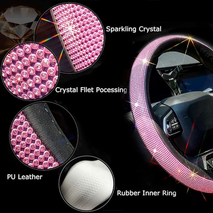 ChuLian New Diamond Leather Steering Wheel Cover with Bling Bling Crystal Rhinestones, Universal Fit 15 Inch Car Wheel Protec