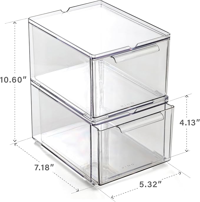 BINO | Clear Stackable Storage Drawers, Medium - 2 Pack | Clear Storage Drawers with Built-In Handles | Durable Plastic Organ