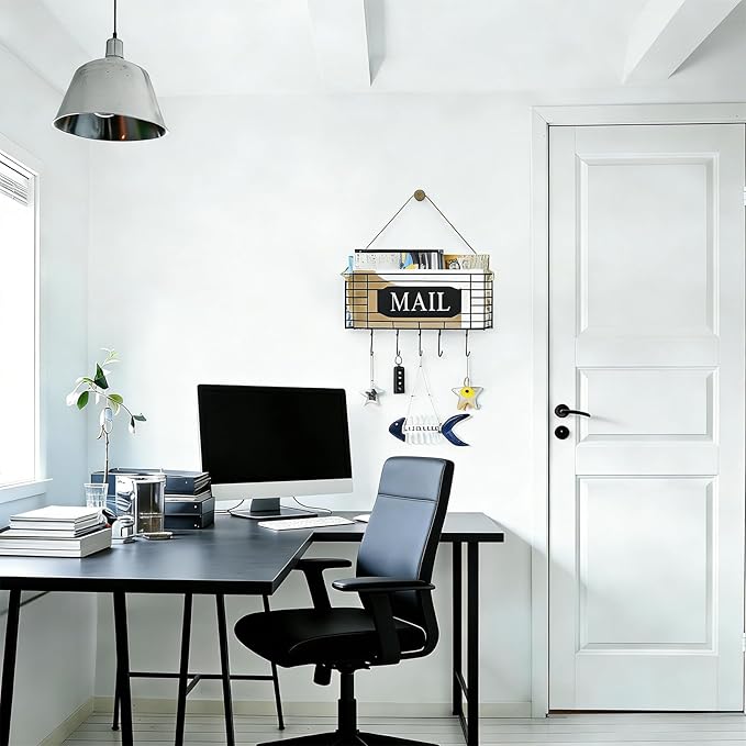 SRIWATANA Rustic Mail Key Holder, Mail Organizer Wall Mount with 5 Hooks Large, Black