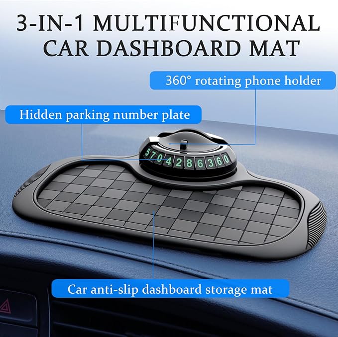 Multifunction Car Anti-Slip Mat Car Dashboard Mat 360° Rotating Adjustable Phone Holder with Hidden Parking Number Plate PVC 