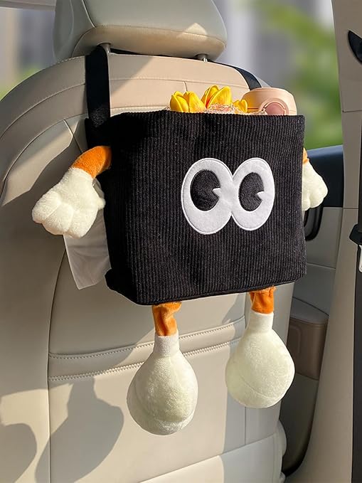Car Cute 2 in 1 Trash Can with Tissue Holder Box Seat Back Bag Hanging over the Seat Organizer Plush Cartoon Animal Storage Garbage,Black