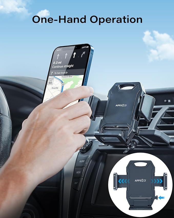 APPS2Car Sturdy CD Slot Phone Mount with One Hand Operation Design, Hands-Free Car Phone Holder Universally Compatible with All iPhone & Android Cell Phones, for Smartphone Mobile