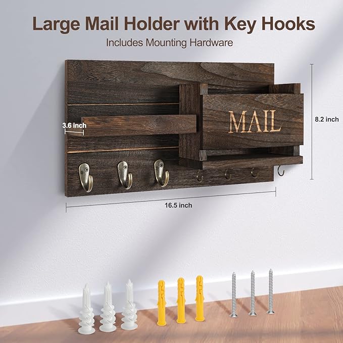 Lwenki Mail Organizer for Wall Mount – Key Holder with Shelf Includes Letter Holder and Hooks for Hallway Farmhouse Decor – R