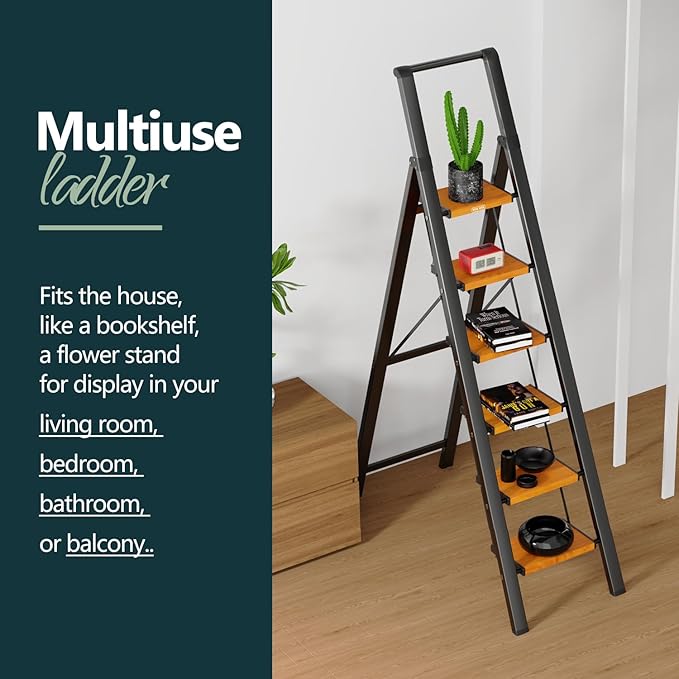 WOA WOA Step Ladder 6 Step Folding, Foldable Tall Ladder with Handrail, Aluminum Stepladder for High Ceilings, Lightweight, D